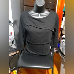 Loft Women's DIagnal Layerd Criss-cross Sweater Black 3/4 Length Sleeves Size XS